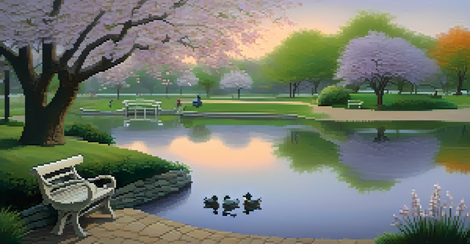 A peaceful park with a winding path, a pond with ducks, and a cherry blossom tree at dusk.