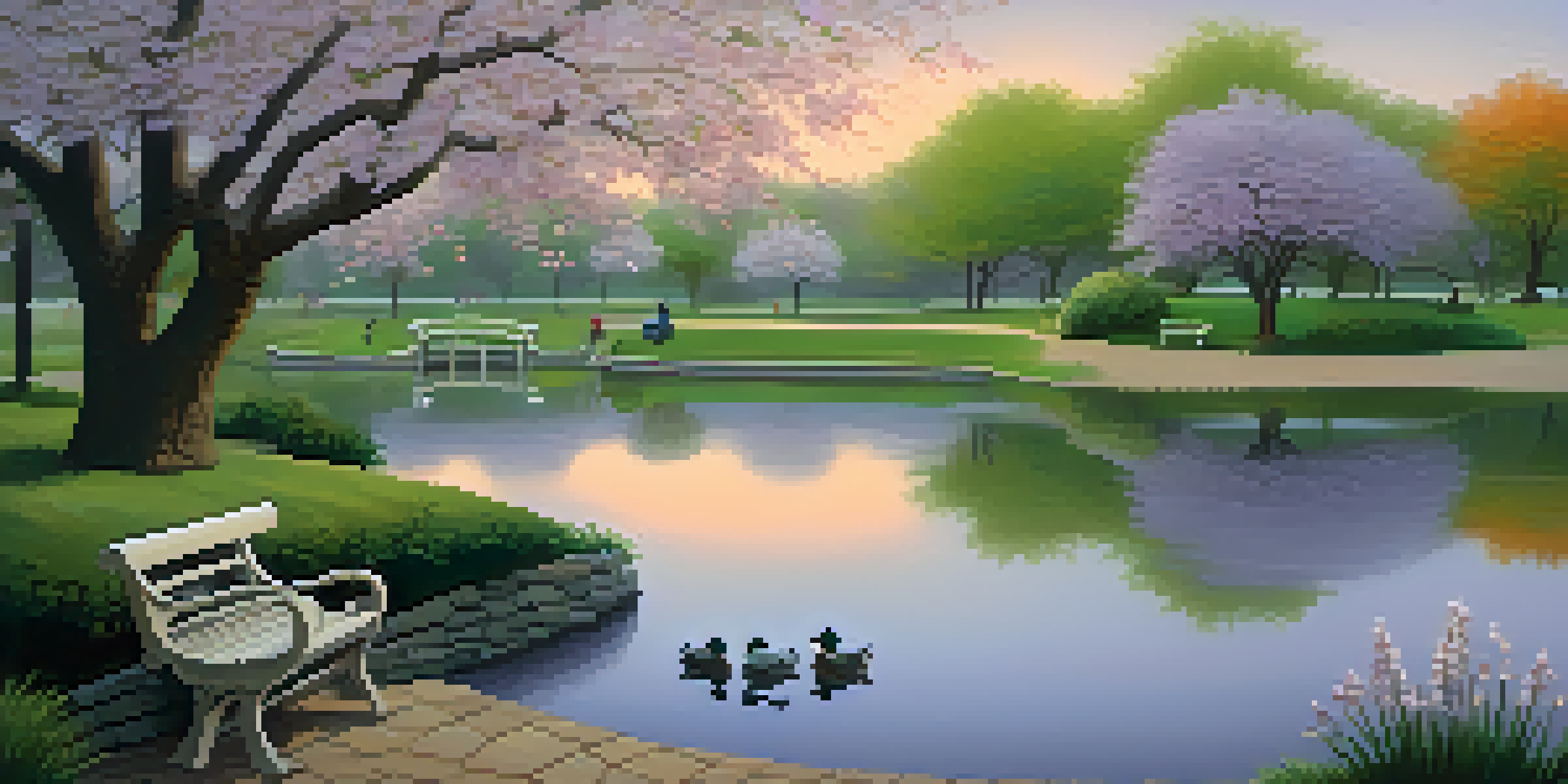 A peaceful park with a winding path, a pond with ducks, and a cherry blossom tree at dusk.