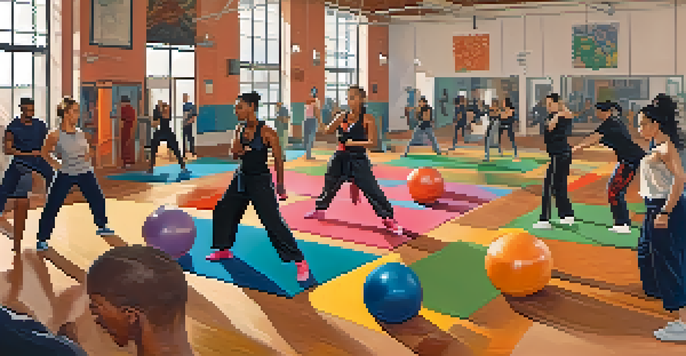 A diverse group of people practicing self-defense techniques in a gym, showcasing various martial arts movements.