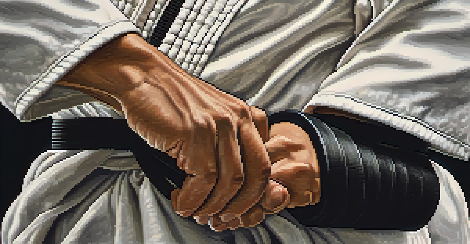Close-up of a Karate practitioner's hands in a fist position, wearing a black belt, with a dojo background.