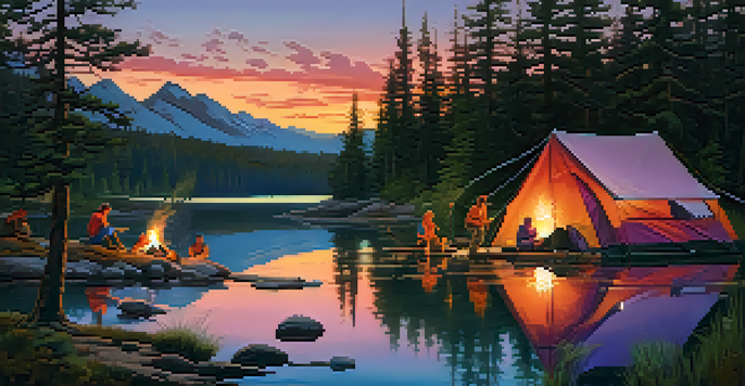 A group of campers around a campfire during sunset, with colorful skies and tents in the background.
