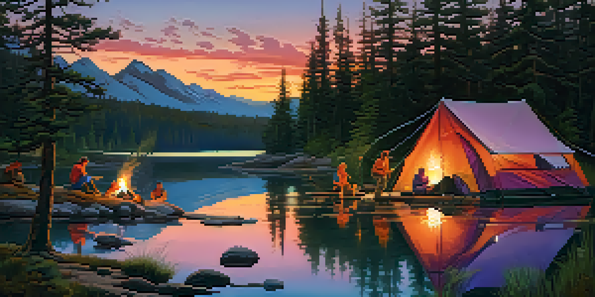 A group of campers around a campfire during sunset, with colorful skies and tents in the background.