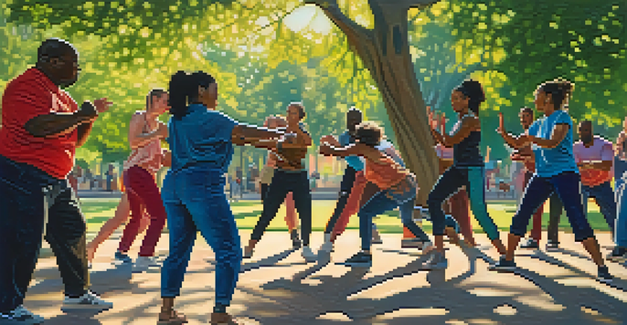 A diverse group of people engaged in a self-defense training session in a sunny park, with one woman demonstrating a defensive move against an instructor.