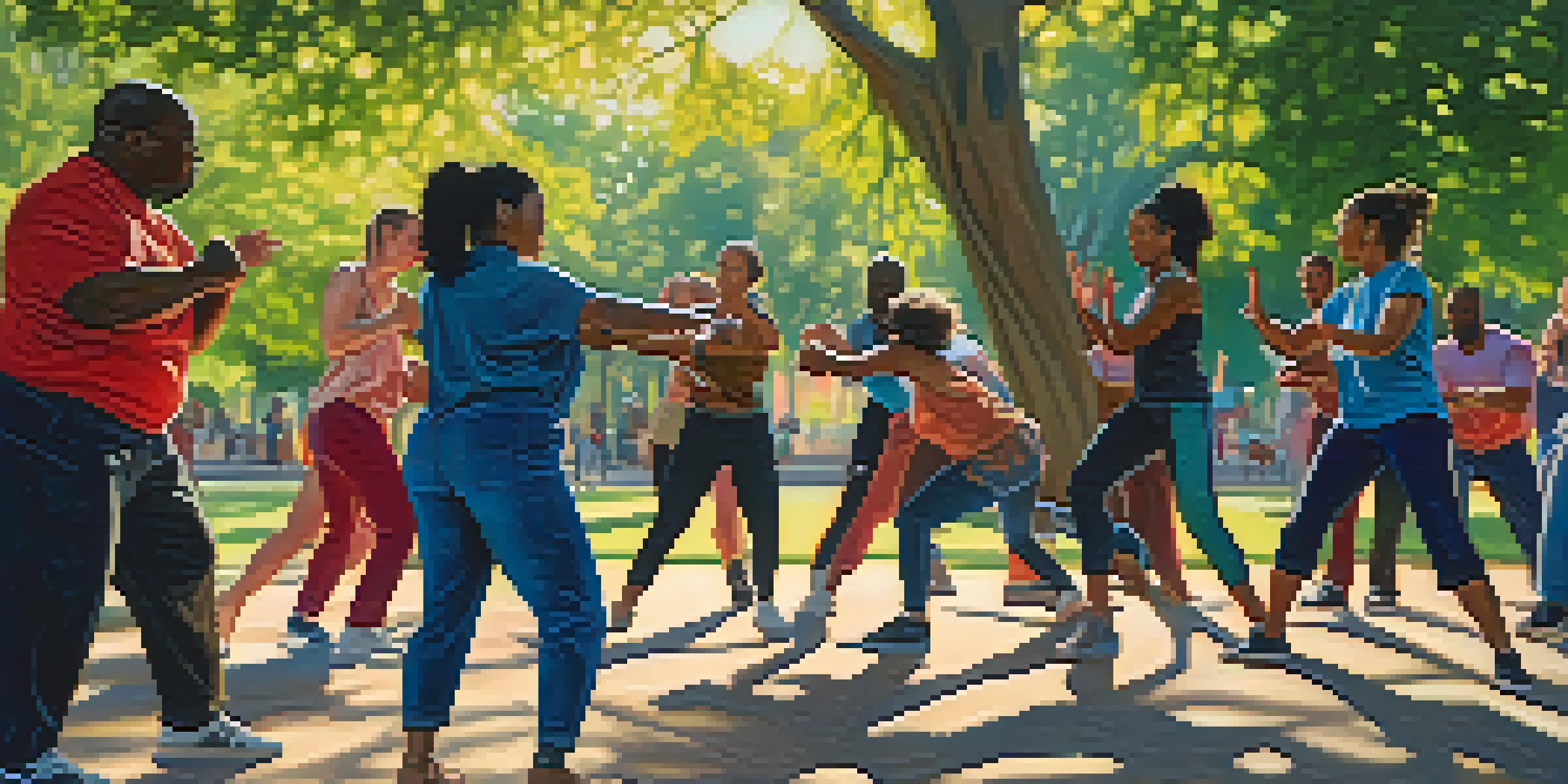 A diverse group of people engaged in a self-defense training session in a sunny park, with one woman demonstrating a defensive move against an instructor.