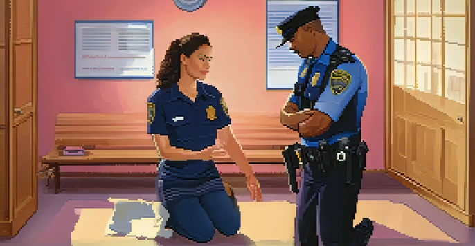 A police officer kneeling beside a victim of domestic violence in a supportive environment, with brochures for shelters in the background.