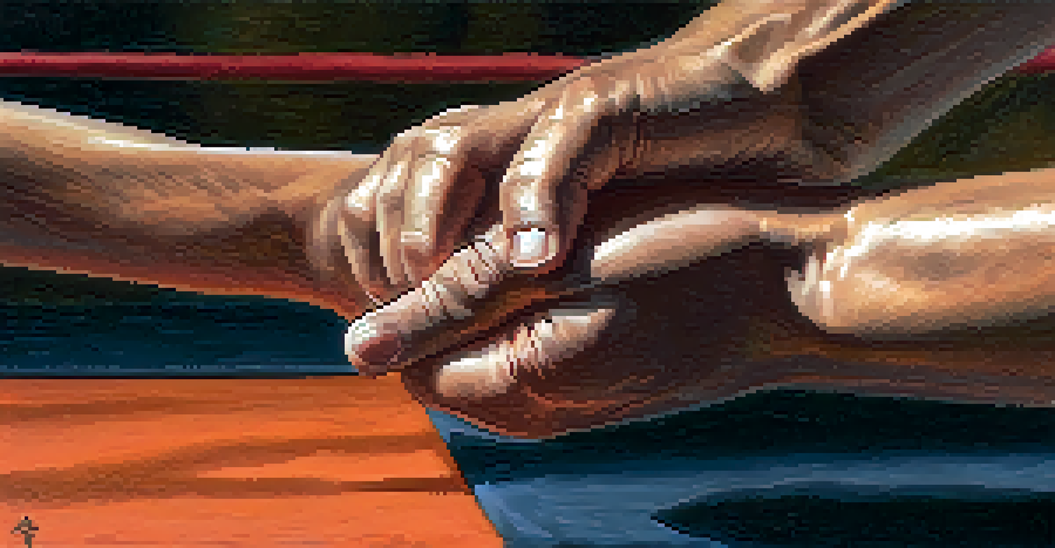 Close-up of an athlete's hands practicing self-defense grip techniques on a training mat.
