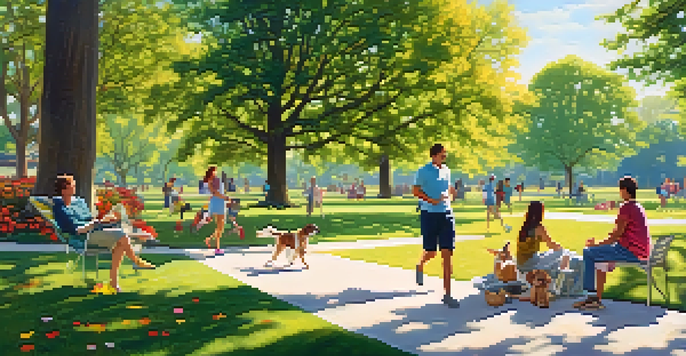 A peaceful park scene with families, joggers, and blooming flowers under sunlight.