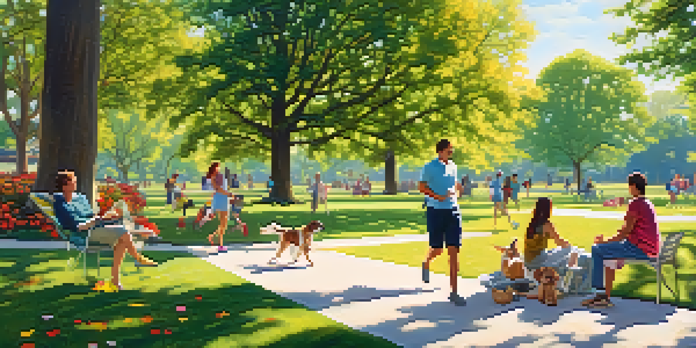 A peaceful park scene with families, joggers, and blooming flowers under sunlight.