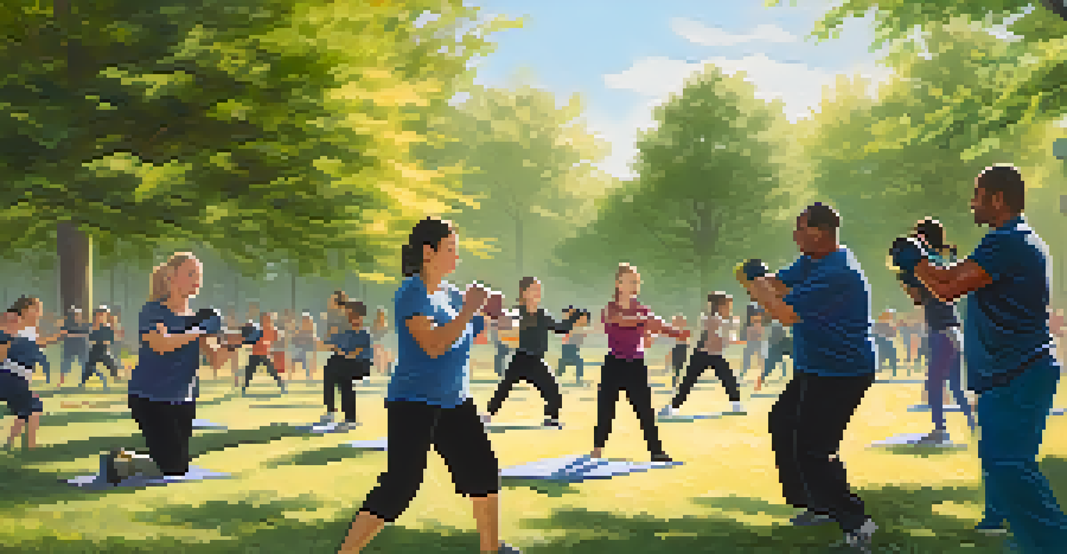 Participants of all ages practicing self-defense techniques in a park setting.