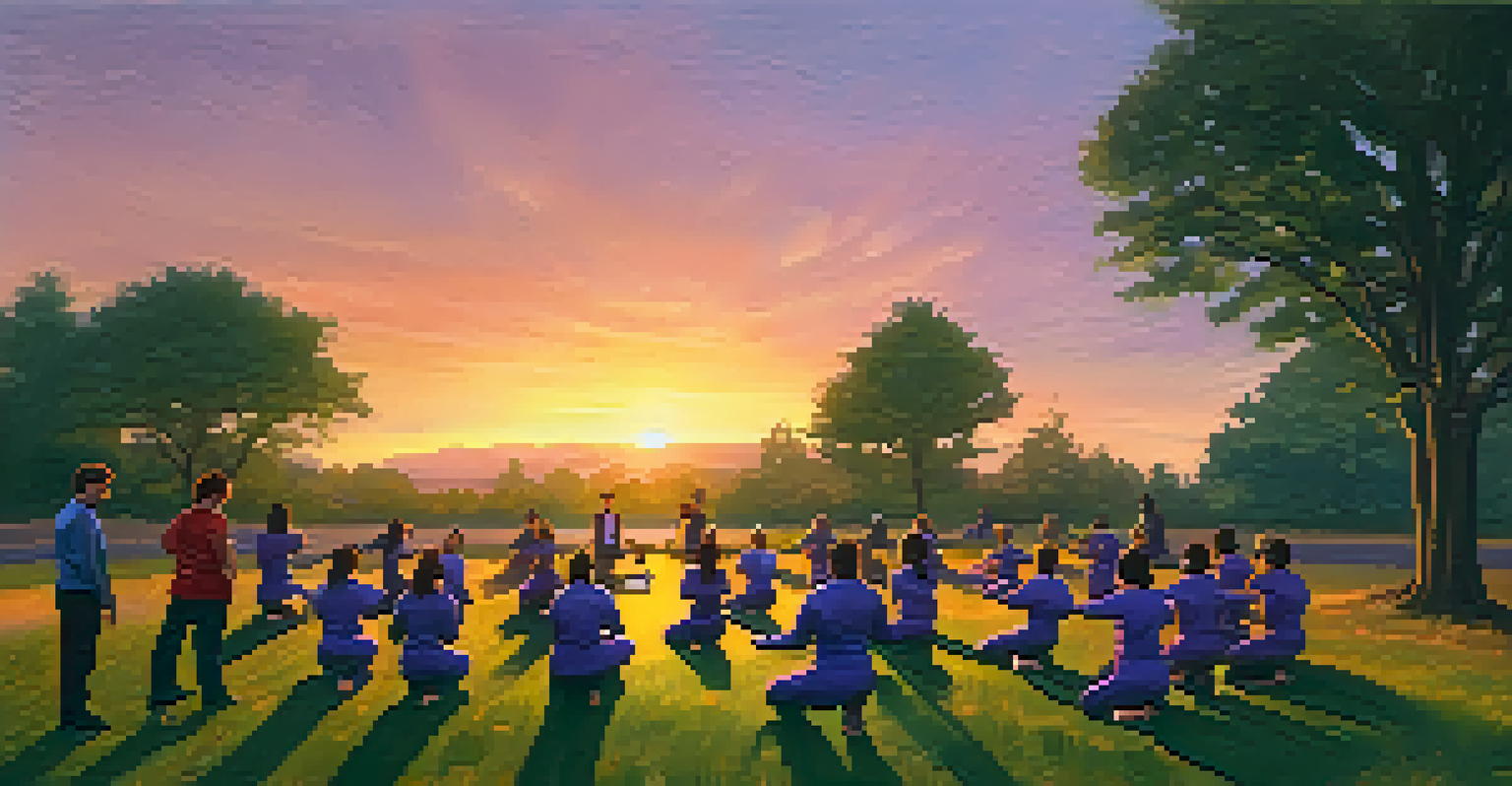 Participants practicing self-defense techniques in a circle during a sunset workshop, surrounded by nature.