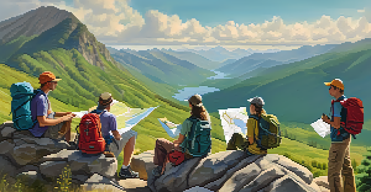 A group of hikers discussing their route at a scenic viewpoint with mountains in the background.