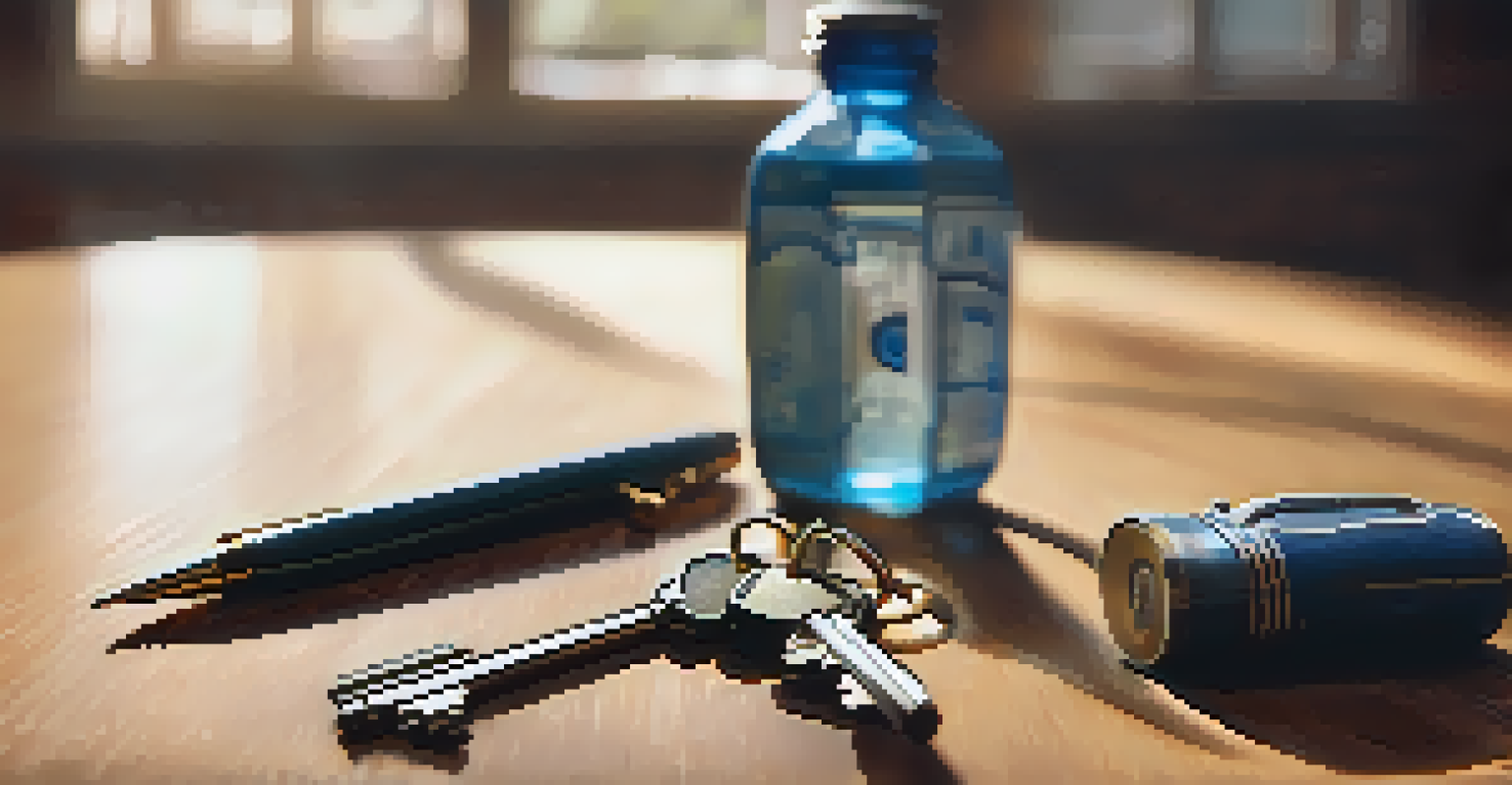 Everyday objects like keys, a pen, and a water bottle displayed on a wooden table, highlighting their potential use in self-defense.