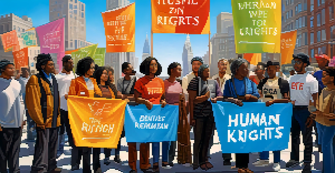 A group of diverse activists in an urban area, holding colorful banners promoting human rights.