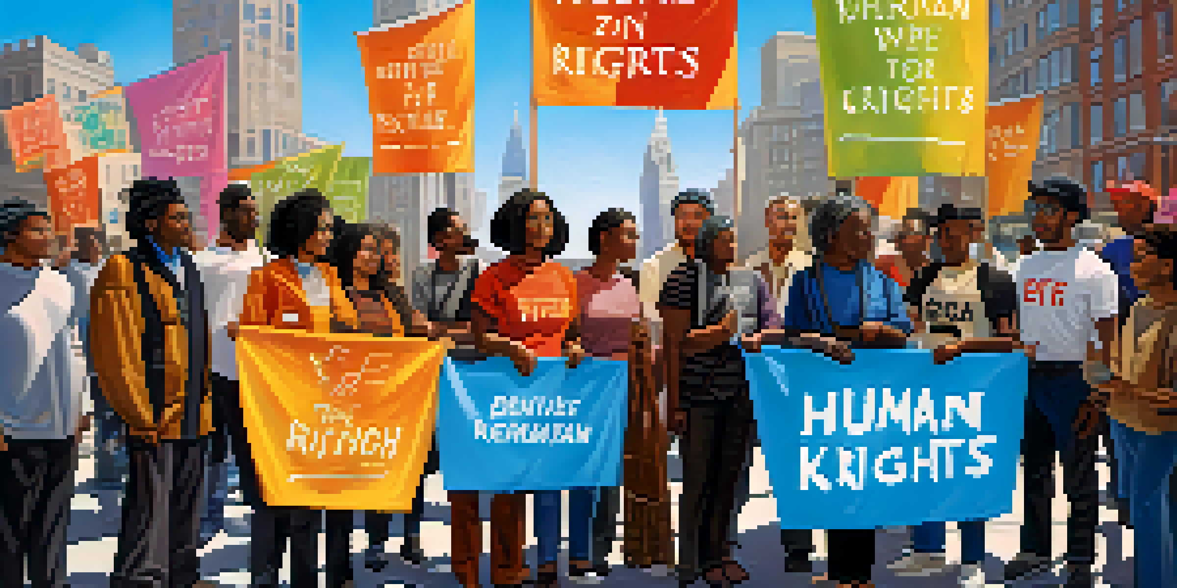 A group of diverse activists in an urban area, holding colorful banners promoting human rights.