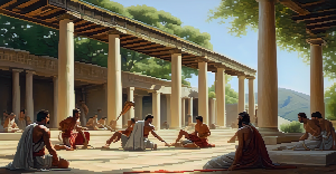 A peaceful ancient Greek training area where men and women practice pankration, showcasing traditional clothing and a natural setting.