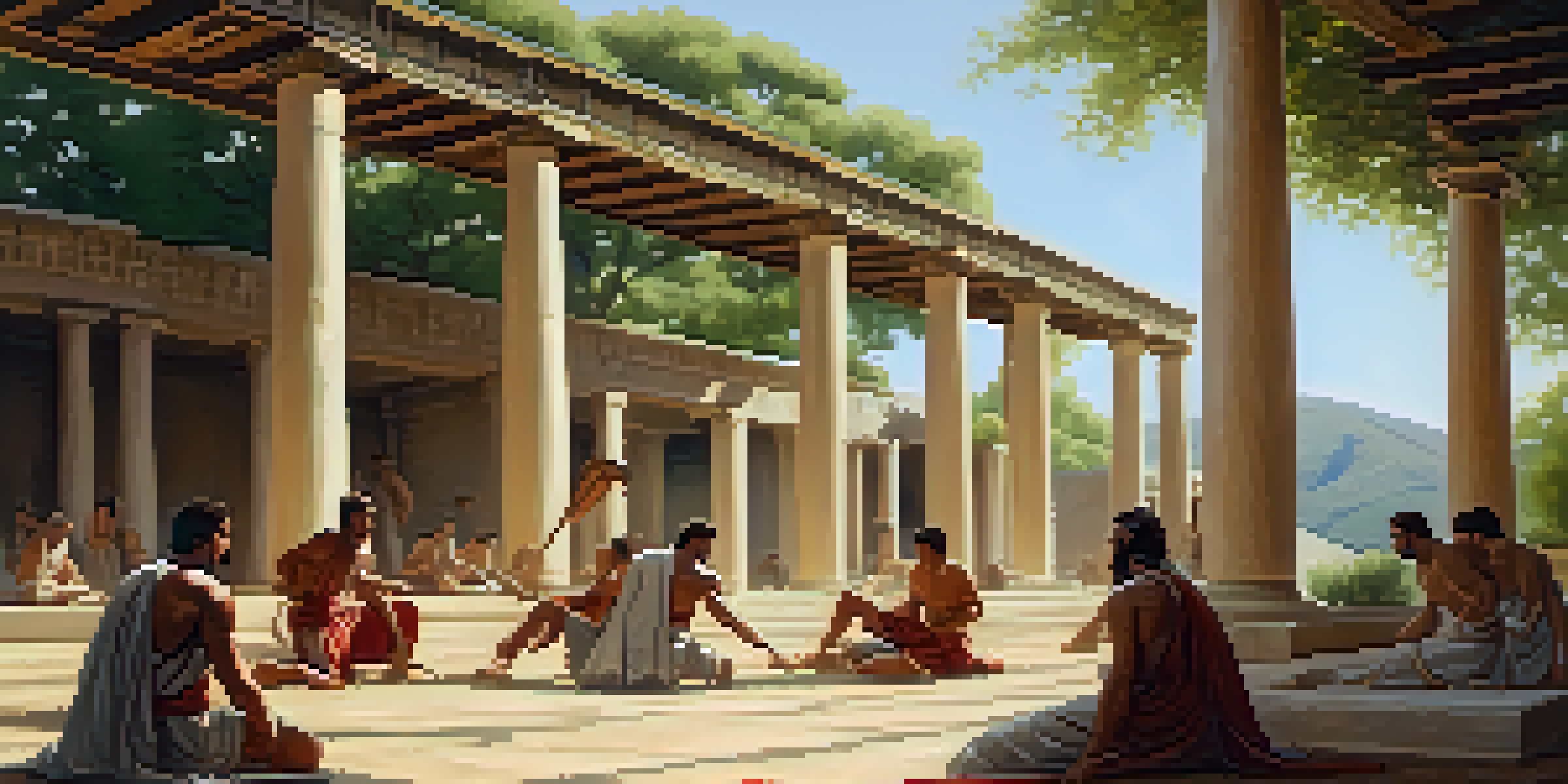 A peaceful ancient Greek training area where men and women practice pankration, showcasing traditional clothing and a natural setting.