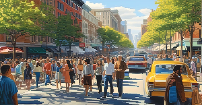 A busy city street filled with a diverse crowd, bright storefronts, and trees under the sunlight.