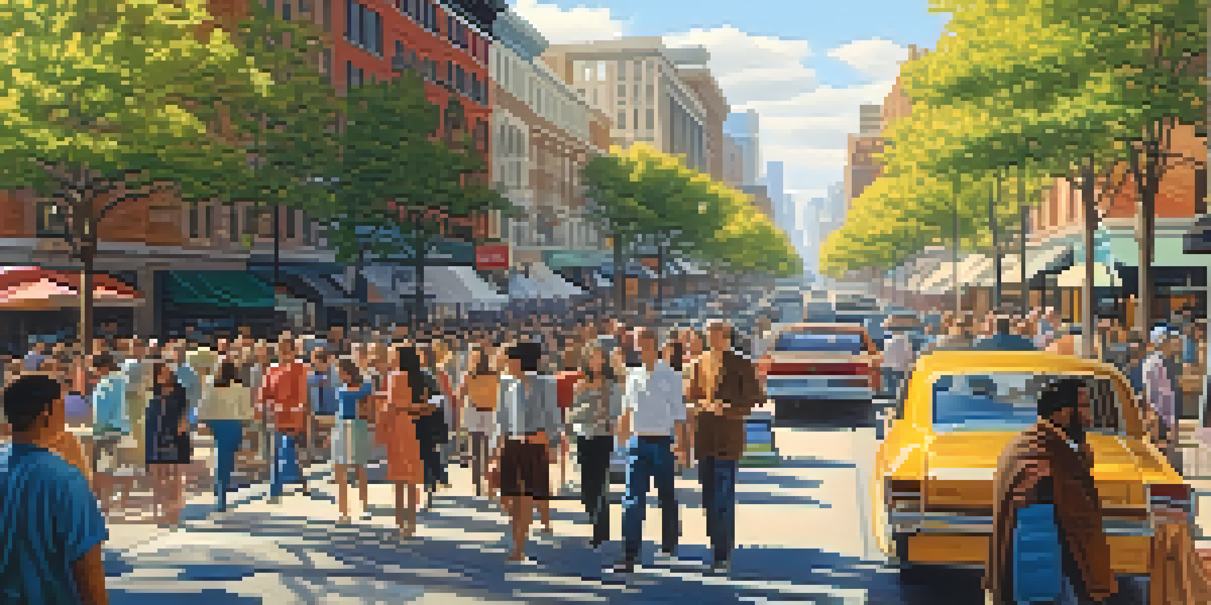 A busy city street filled with a diverse crowd, bright storefronts, and trees under the sunlight.