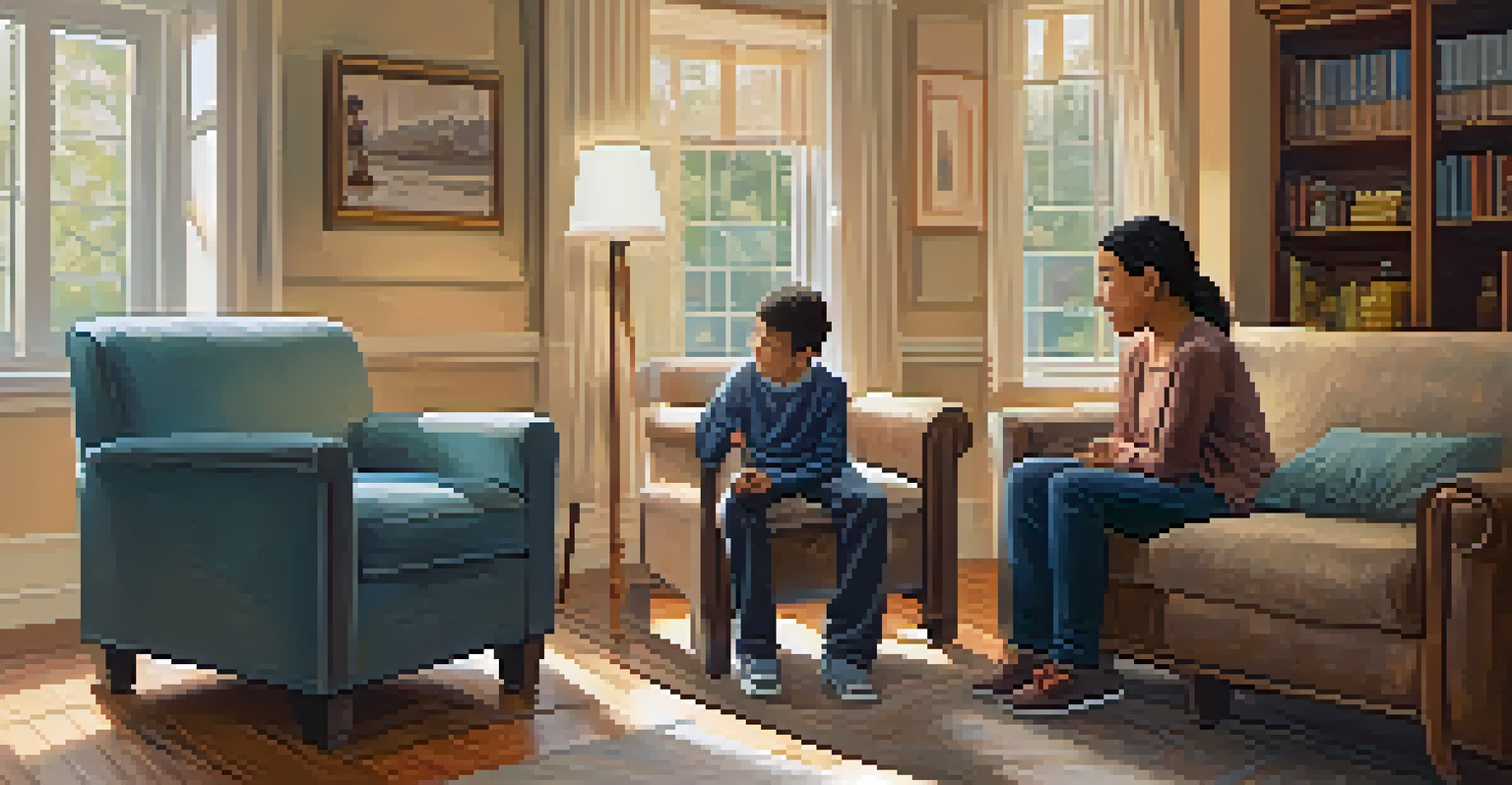A family member teaching an individual with autism verbal de-escalation techniques in a cozy room filled with supportive resources.