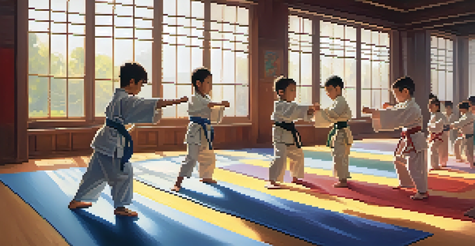 A group of diverse children practicing self-defense techniques in a bright dojo, emphasizing teamwork and cooperation.