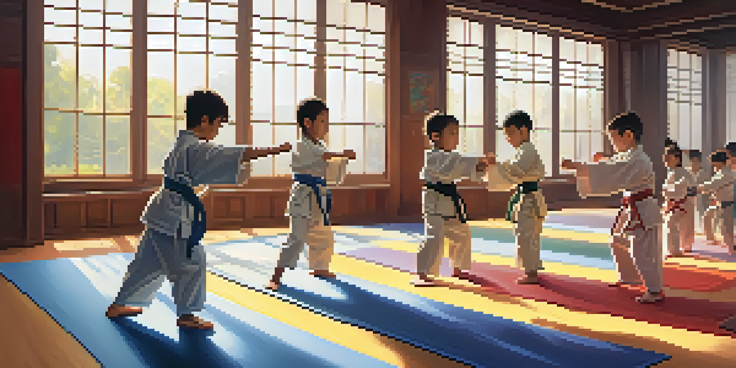 A group of diverse children practicing self-defense techniques in a bright dojo, emphasizing teamwork and cooperation.