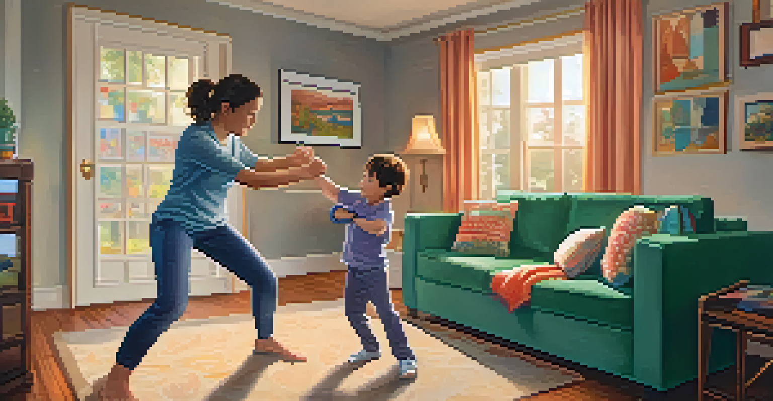 A child practicing a self-defense move at home, with a parent encouraging them from the side.
