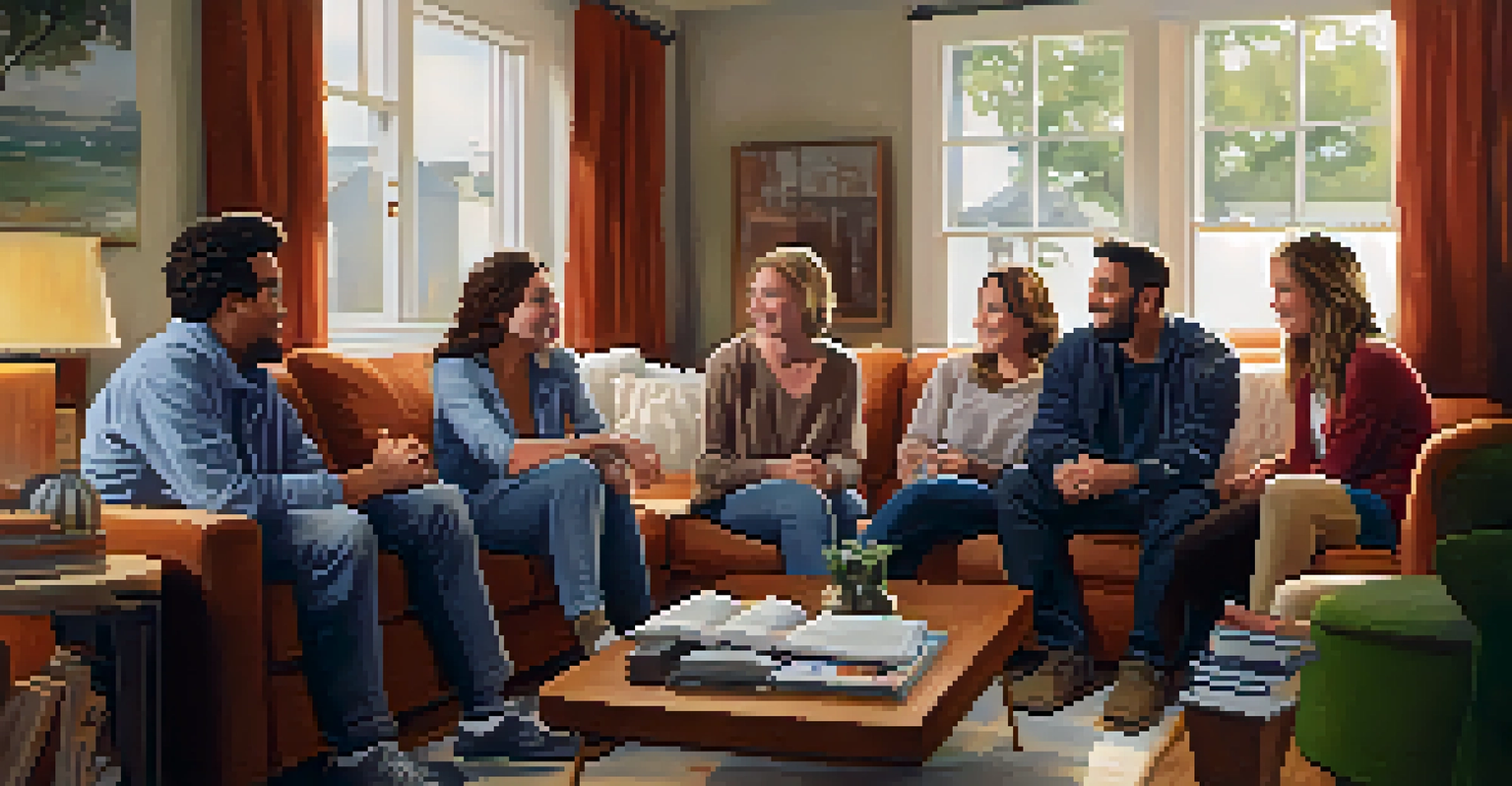 A group of friends in a cozy living room discussing overcoming fears, with warm lighting and supportive expressions, creating a sense of camaraderie.