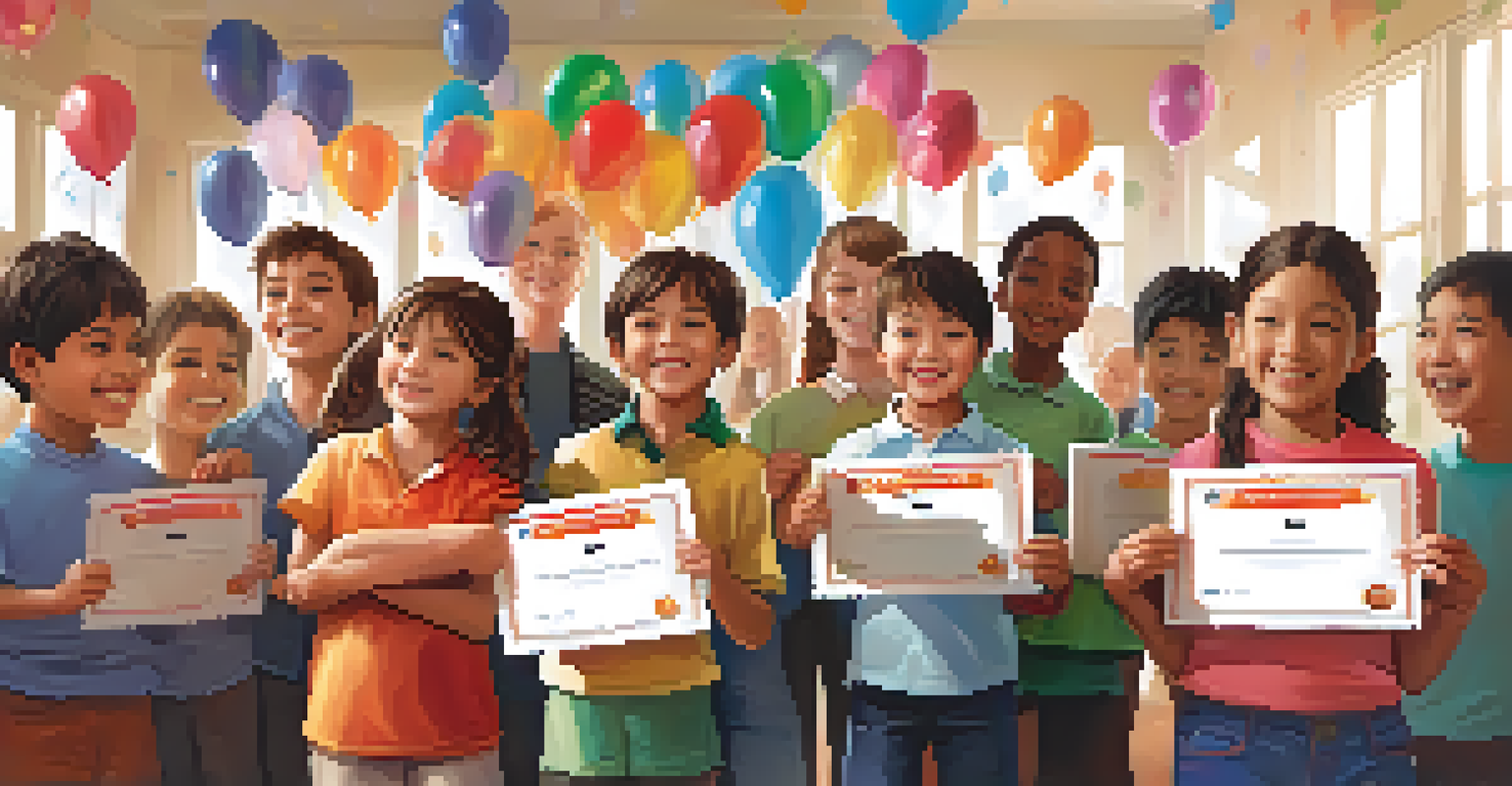 Children celebrating after completing a self-defense course, holding certificates and smiling.