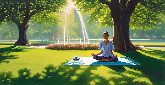 A person practicing deep breathing in a peaceful park setting, surrounded by greenery and flowers.