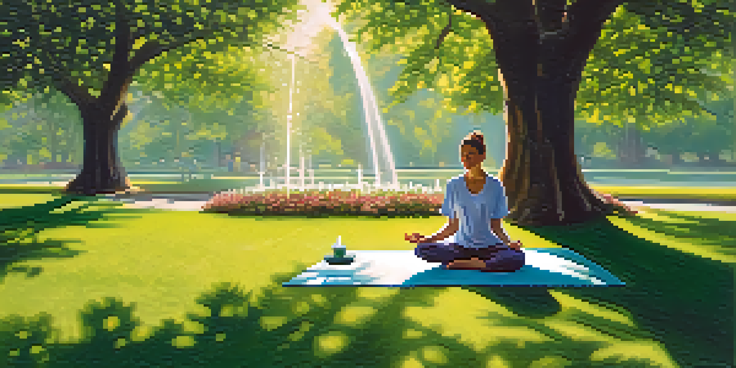 A person practicing deep breathing in a peaceful park setting, surrounded by greenery and flowers.