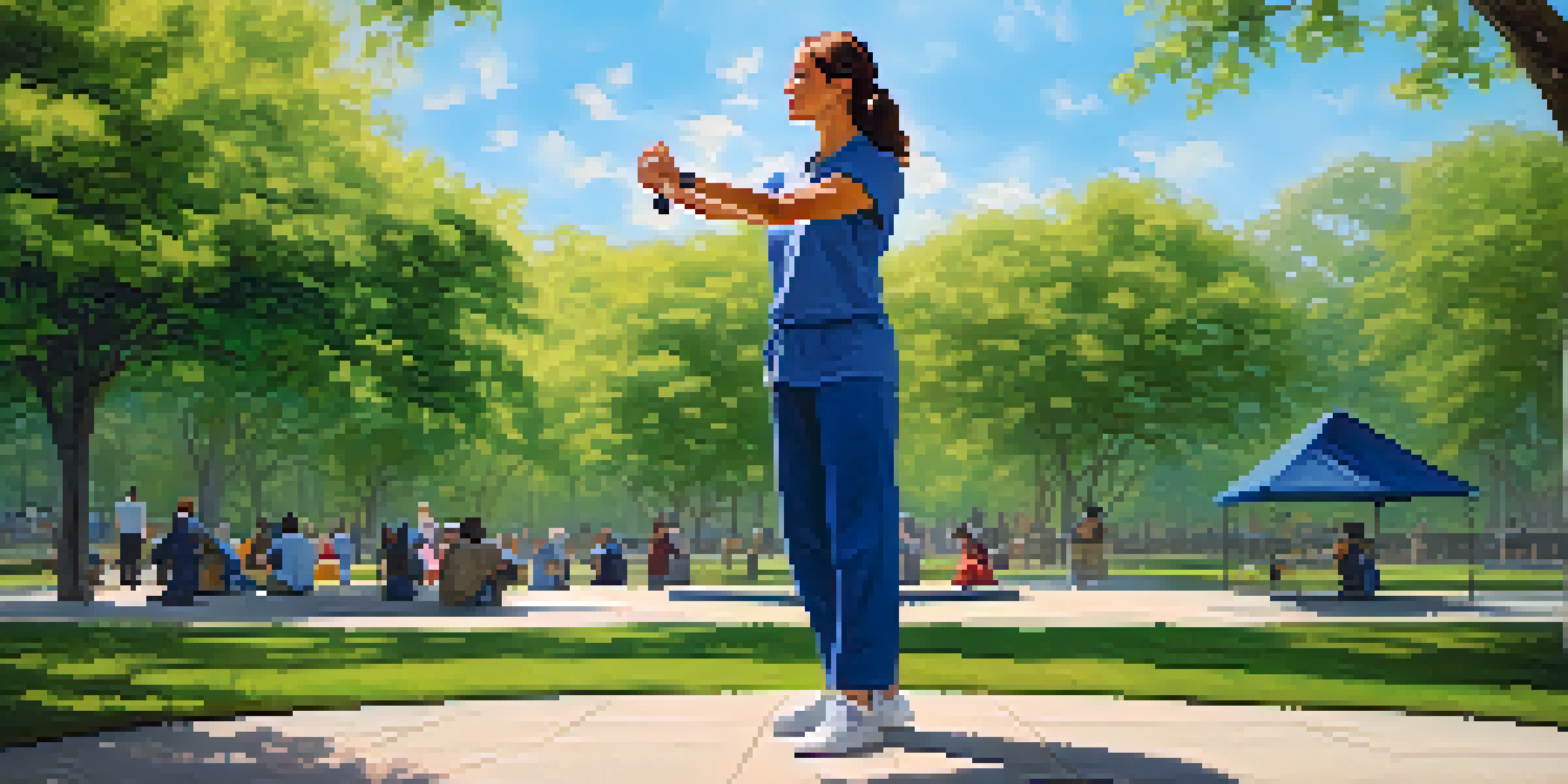 A middle-aged female caregiver practicing self-defense techniques in an urban park with trees and blue sky in the background.