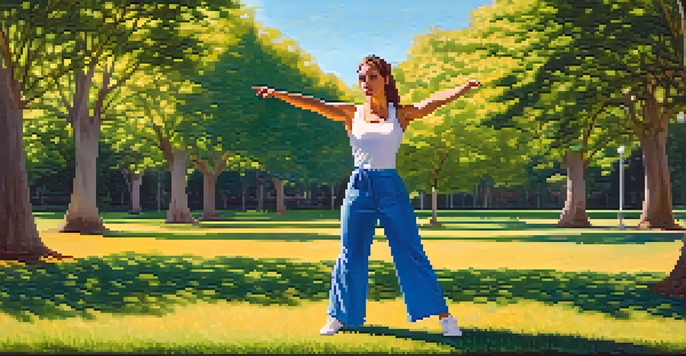 A woman practicing a self-defense stance in a park, demonstrating confidence and strength.
