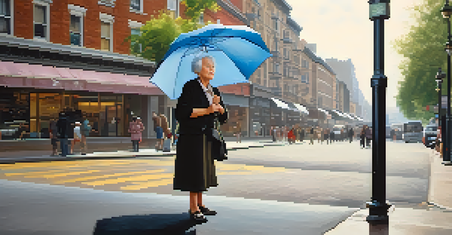 An elderly woman standing confidently with an umbrella in a defensive stance on a city street.