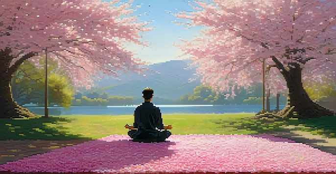 A person meditating under a cherry blossom tree by a serene lake, with sunlight filtering through the petals.