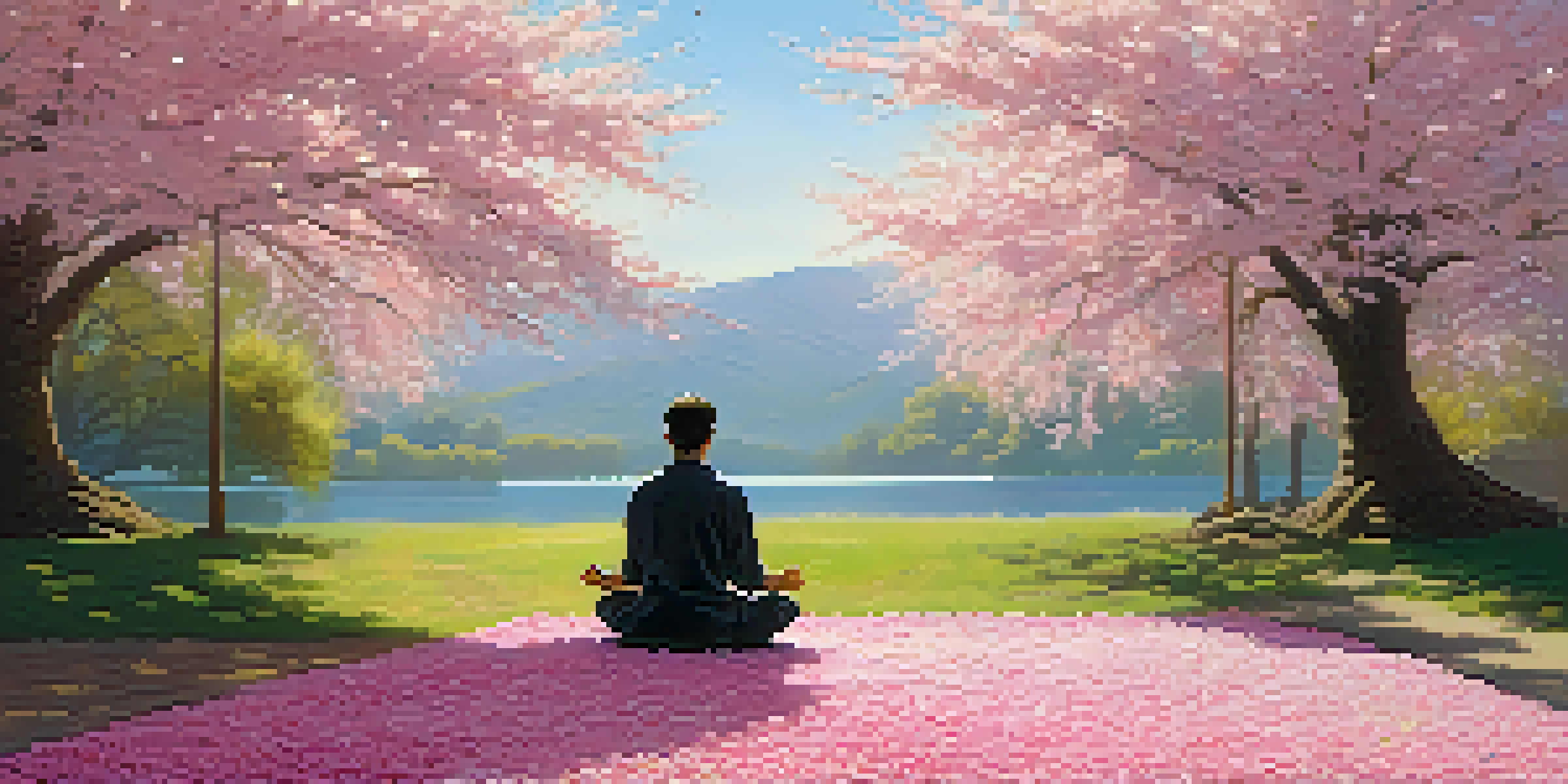 A person meditating under a cherry blossom tree by a serene lake, with sunlight filtering through the petals.