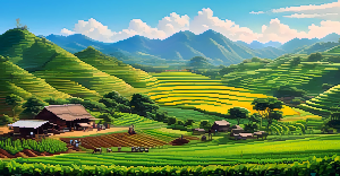A traditional Indigenous community practicing sustainable farming in a lush green landscape with members in traditional attire.