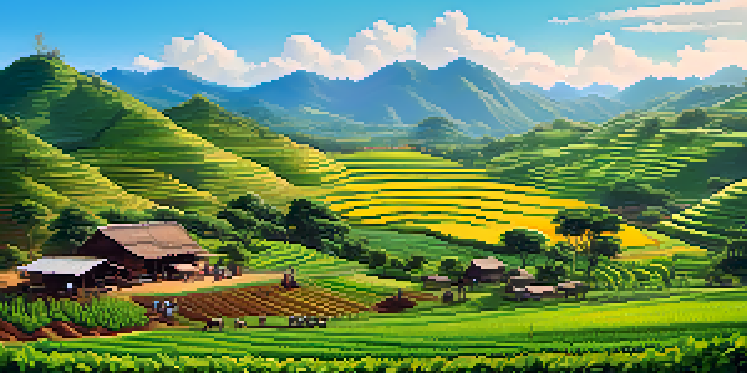 A traditional Indigenous community practicing sustainable farming in a lush green landscape with members in traditional attire.