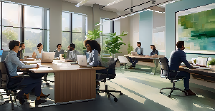 A diverse group of employees collaborating in a bright office with large windows and greenery outside.