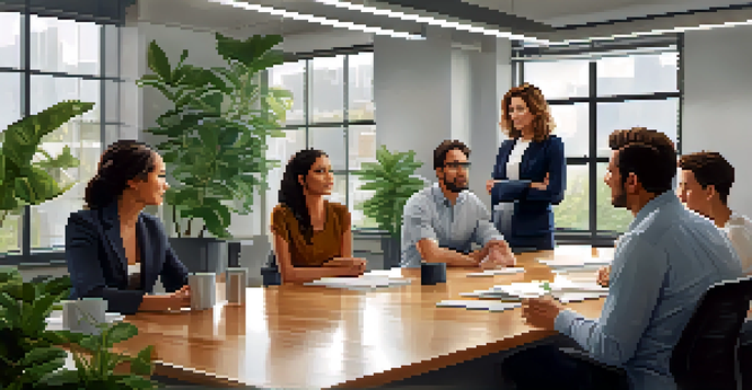 A diverse group of professionals engaged in a calm discussion in a well-lit office, showcasing open body language and expressions of empathy.