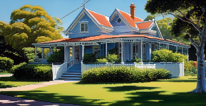 A tranquil Australian home surrounded by green plants and a bright sky.