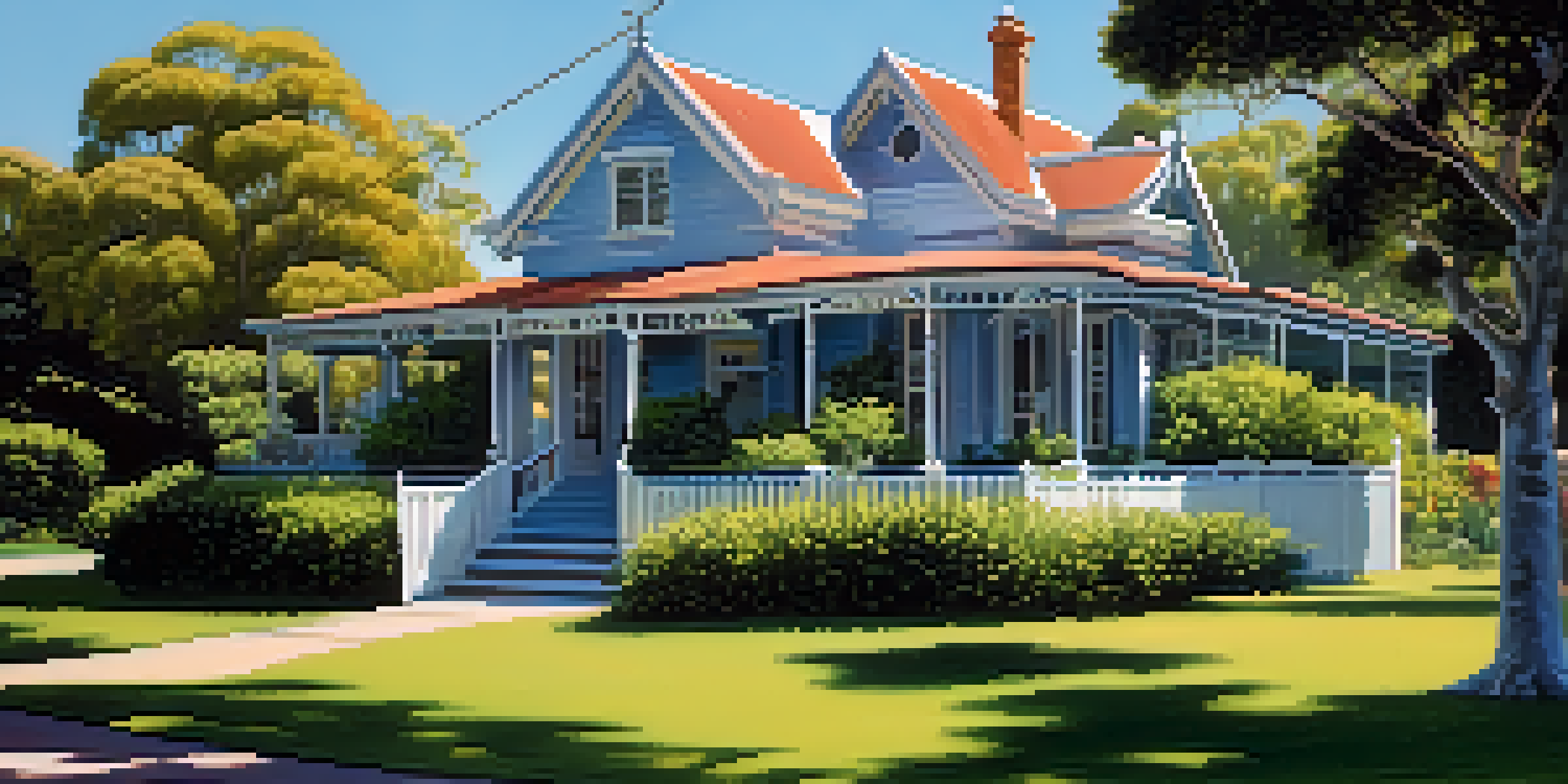 A tranquil Australian home surrounded by green plants and a bright sky.