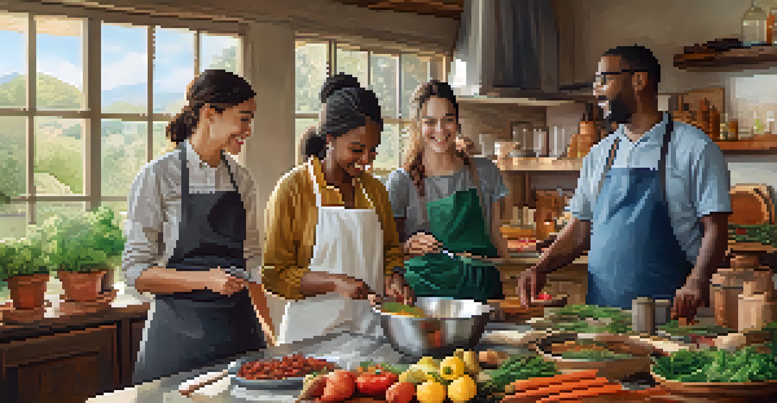 A diverse group of travelers participating in a cooking class, surrounded by fresh ingredients in a warm kitchen.