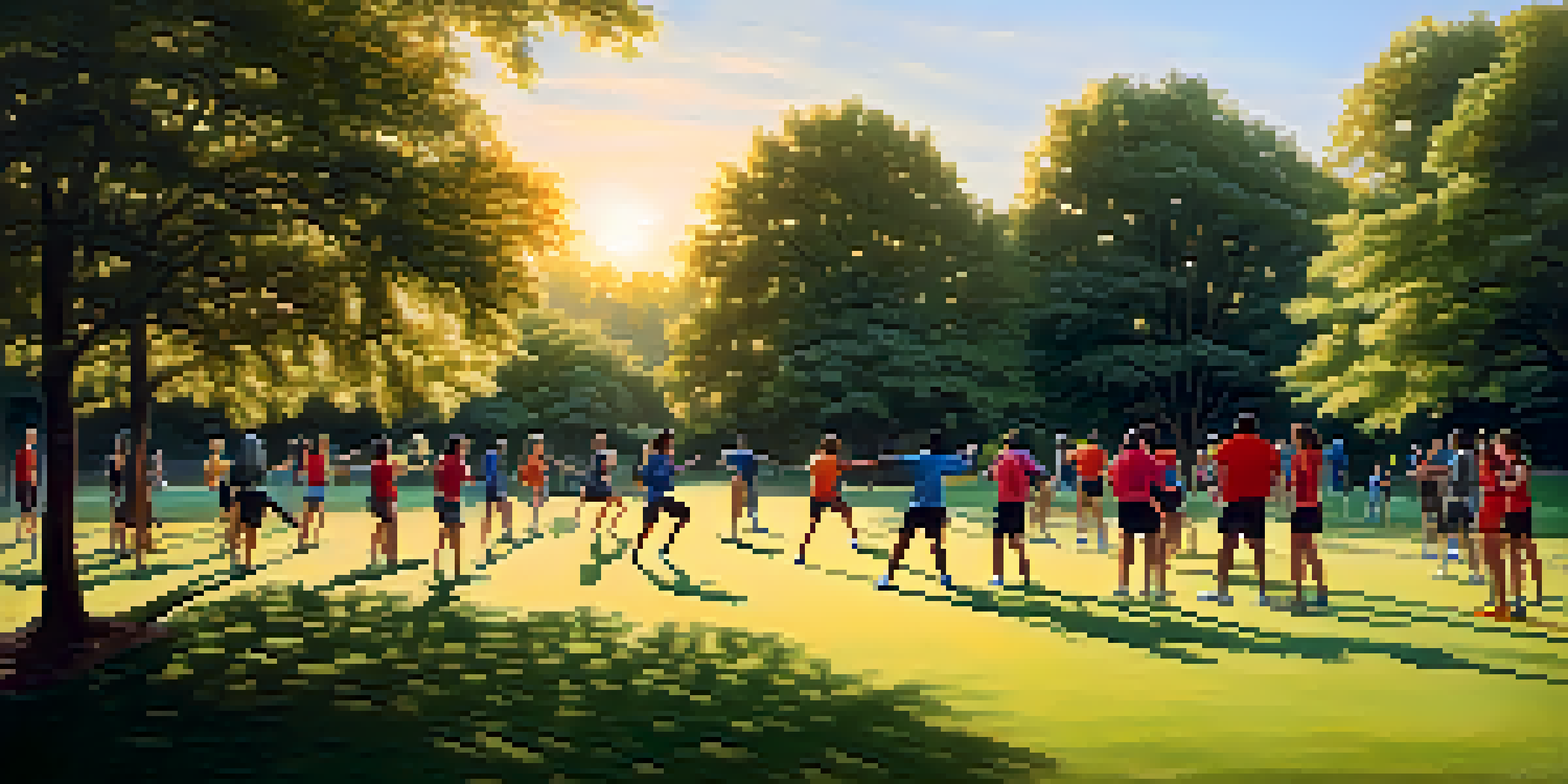 A diverse group of people practicing self-defense techniques in a park during sunset, surrounded by trees.