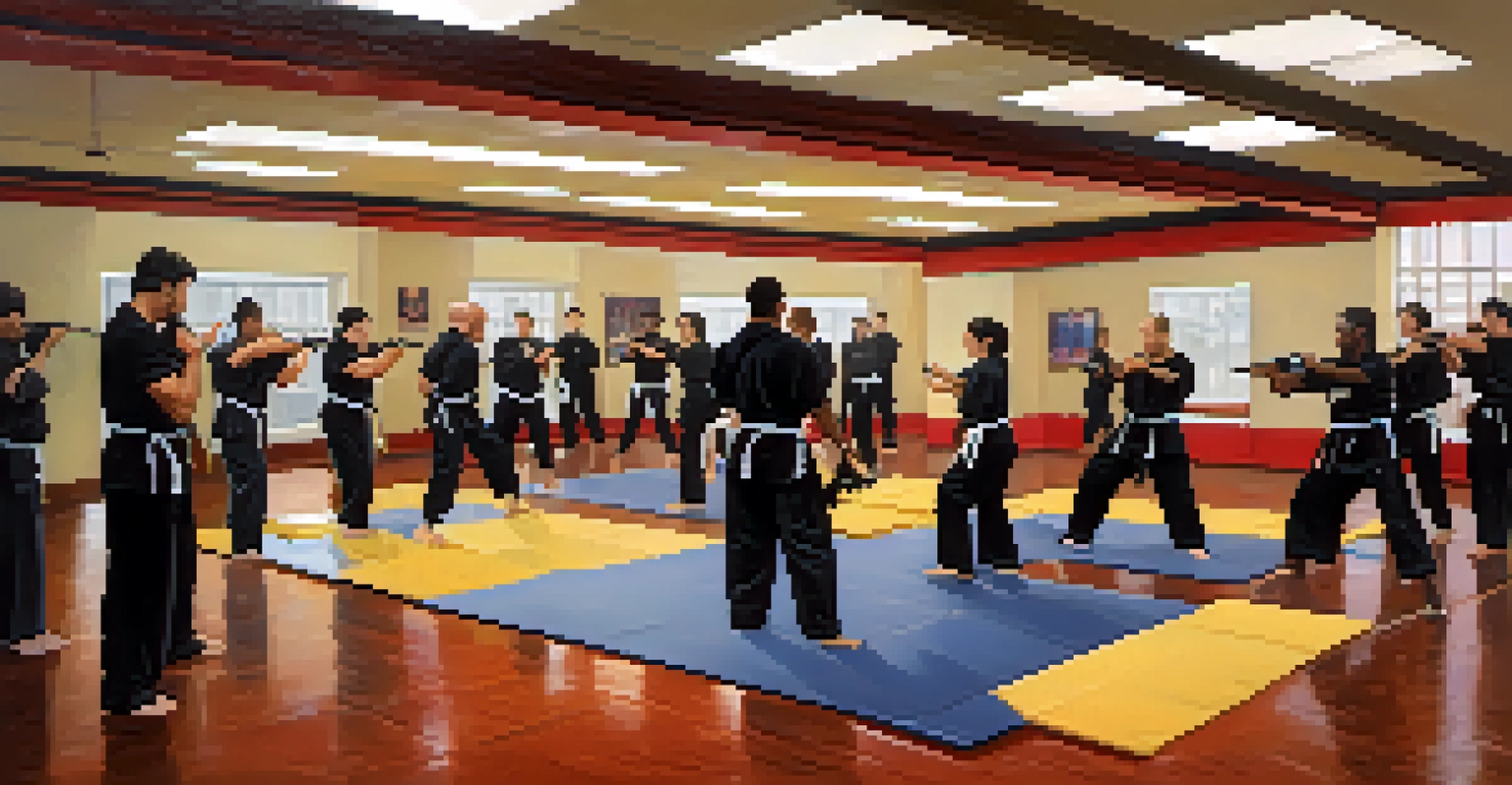 A group of people in a martial arts studio practicing self-defense techniques with tools like pepper spray and tactical pens.
