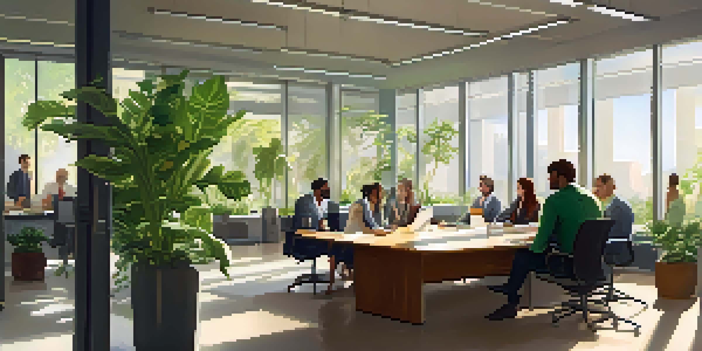 A diverse group of employees having a respectful conversation in a well-lit office setting, surrounded by plants.