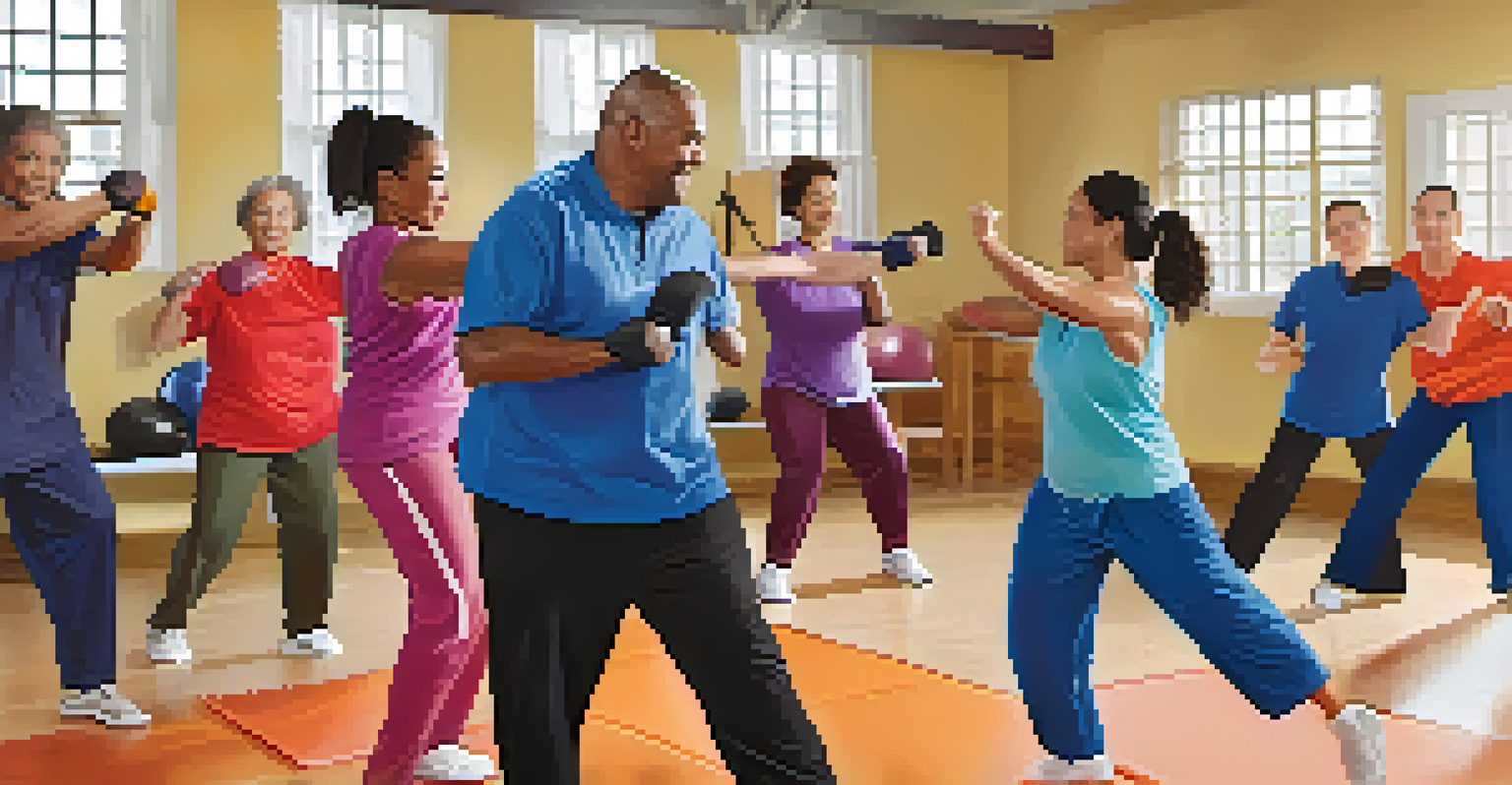 A diverse group of caregivers participating in a lively self-defense class in a gym, with an enthusiastic instructor.