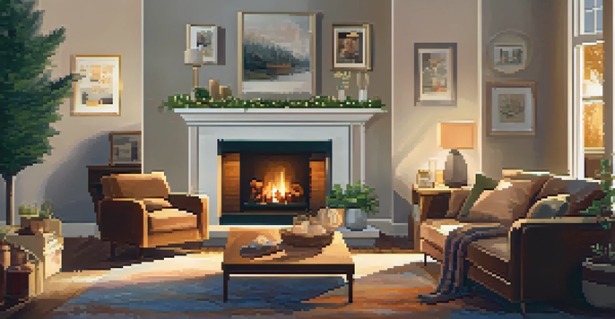 A family sitting together in a warm, inviting living room with a fireplace, surrounded by cozy decorations.