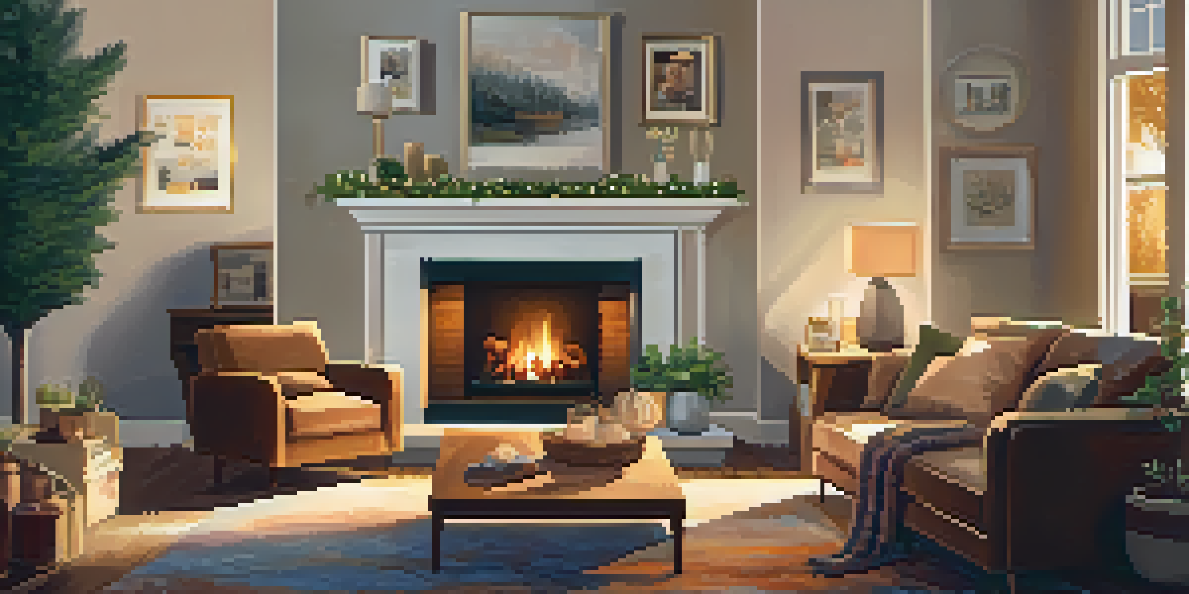 A family sitting together in a warm, inviting living room with a fireplace, surrounded by cozy decorations.