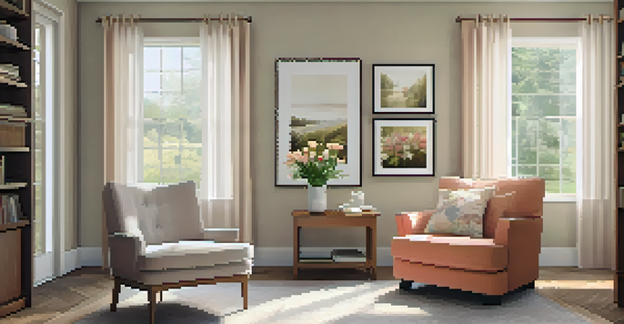 A cozy living room designed for seniors, with an armchair, a window with sheer curtains, family photos on the walls, and a table with flowers.