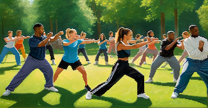 A diverse group of people practicing self-defense techniques outdoors in a sunny park, demonstrating blocking and escaping moves.